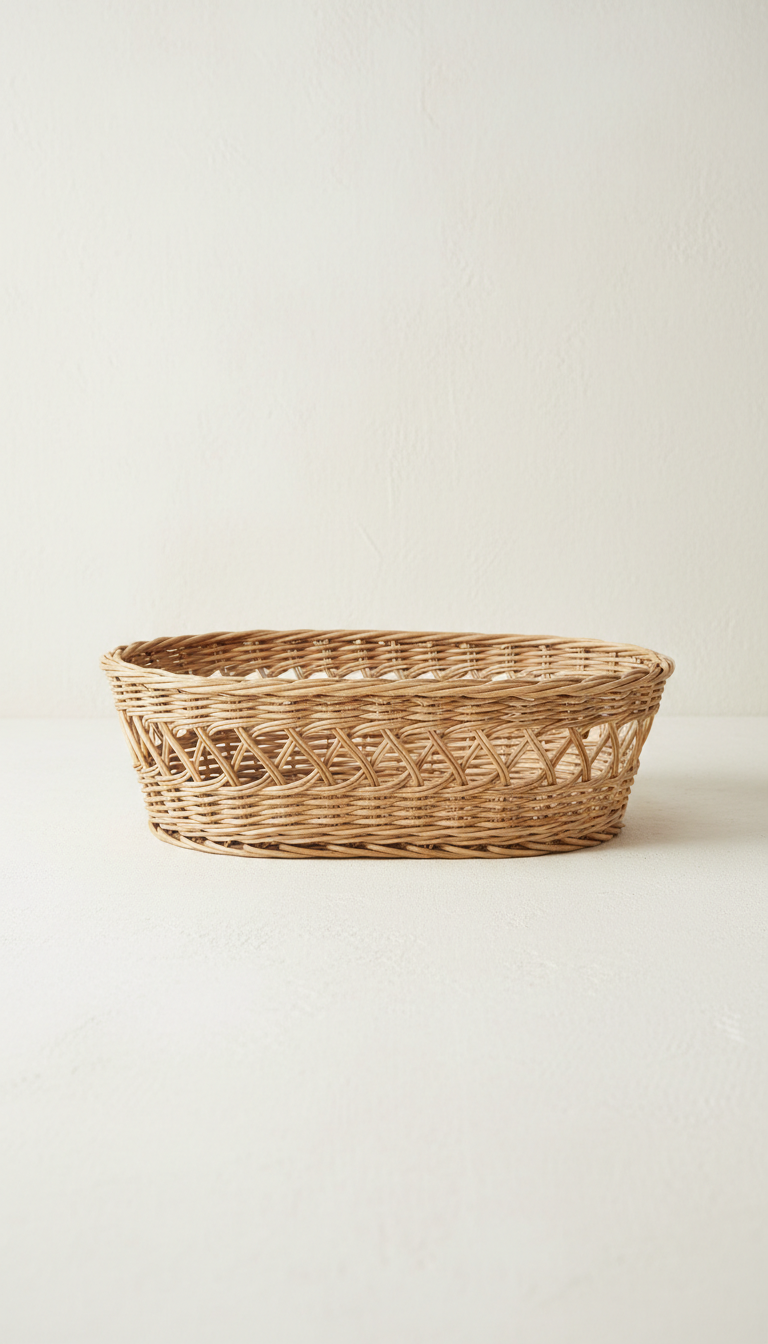 Panier en osier tressé avec poignées, idéal pour le rangement ou la décoration intérieure.
