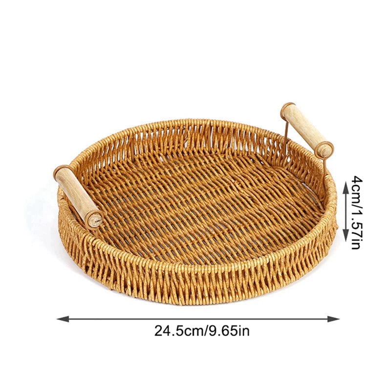 Plateau Tressé avec Poignées en Bois
