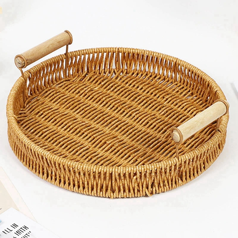 Plateau Tressé avec Poignées en Bois