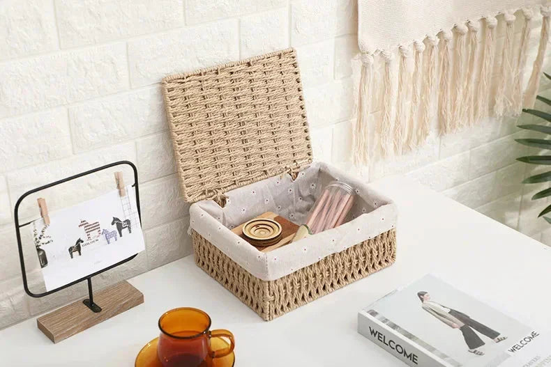 Panier en osier avec doublure beige amovible – rangement salle de bain-2
