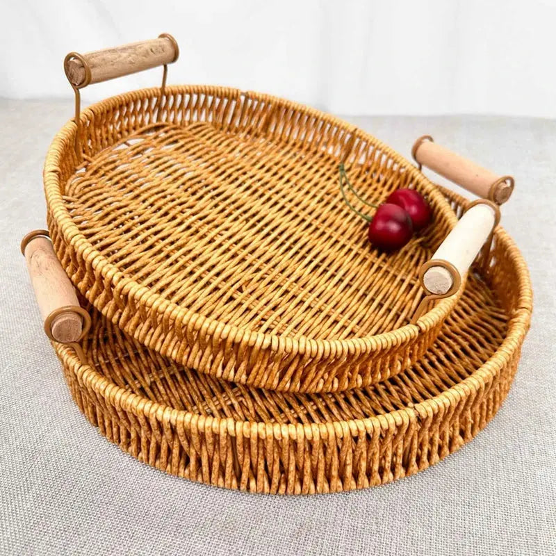 Plateau Tressé avec Poignées en Bois - panier en osier