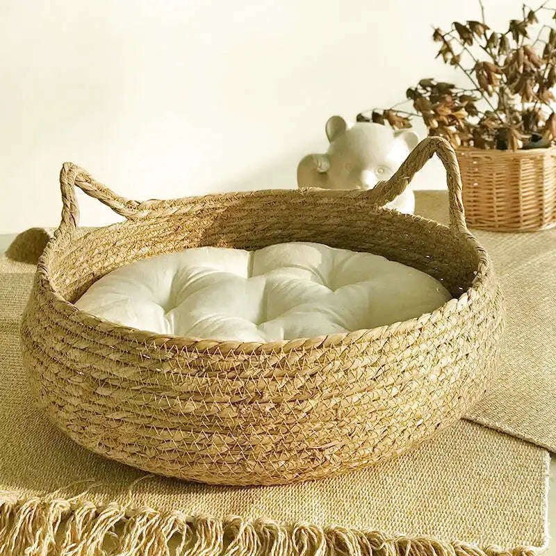 corbeille pour chat en osier dans un coin salon cosy