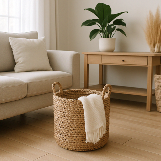 panier en osier déco posé dans un coin de salon beige