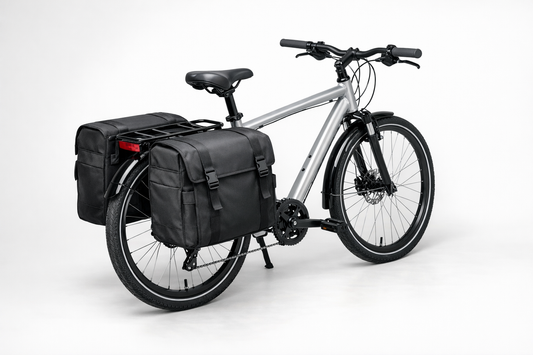 Deux paniers lateraux fixes de chaque cote d'un porte-bagages arriere de velo urbain