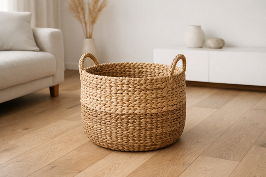 Panier decoratif en osier tresse naturel pose sur un sol en bois dans un salon.