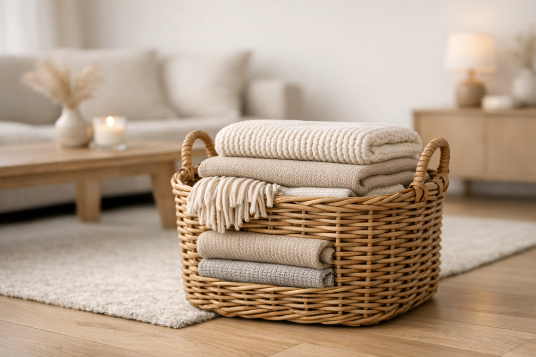 Panier en osier naturel dans un salon contenant des plaids plies