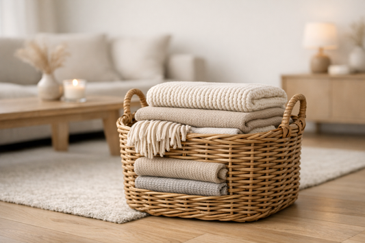 Panier en osier naturel dans un salon contenant des plaids plies