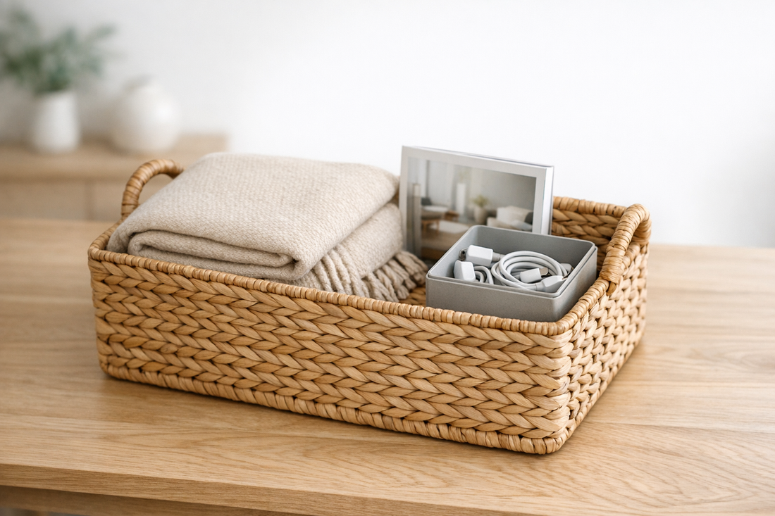 Panier en osier sur une table contenant un plaid plie, un magazine et une petite boite de rangement
