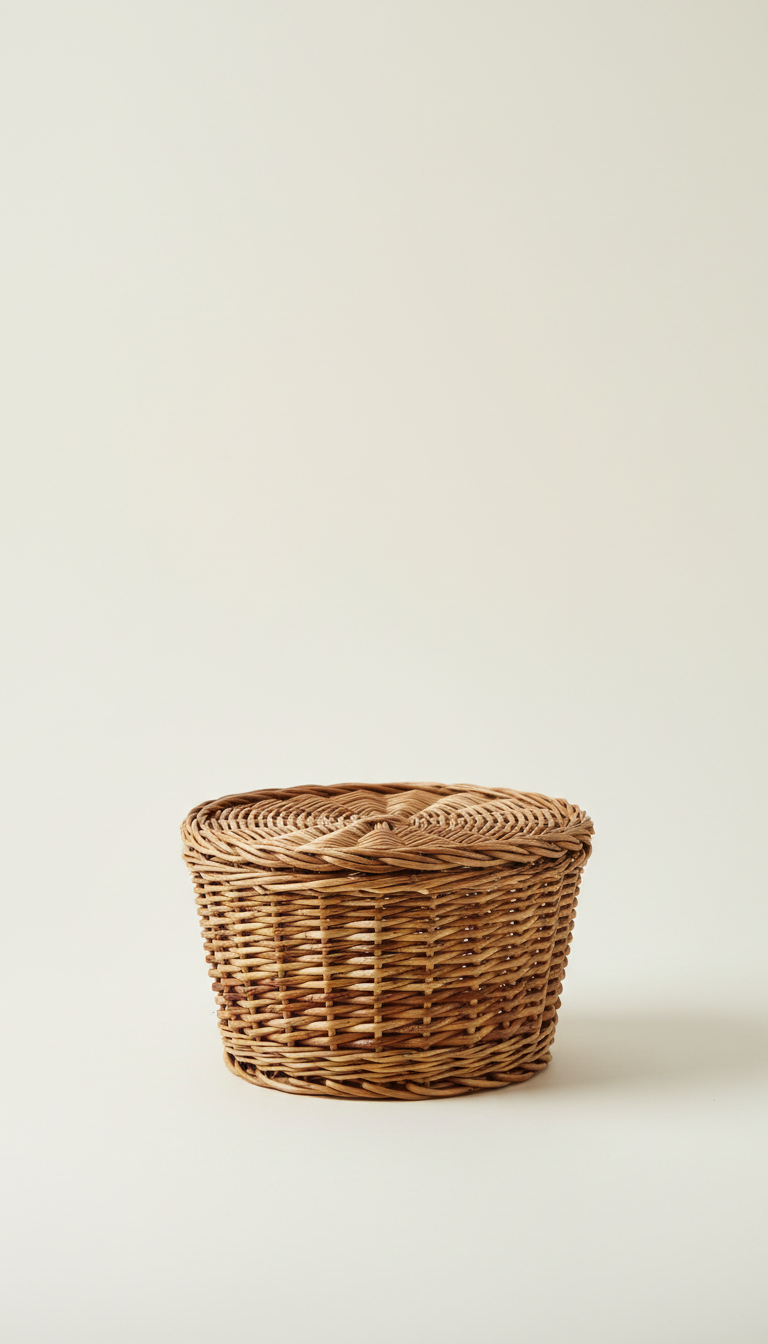 Panier en osier tressé avec poignées, idéal pour stockage ou décoration intérieure, vue de face.