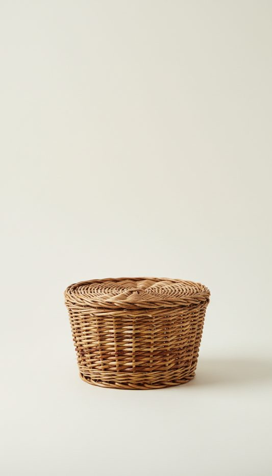 Panier en osier tressé avec poignées, idéal pour stockage ou décoration intérieure, vue de face.