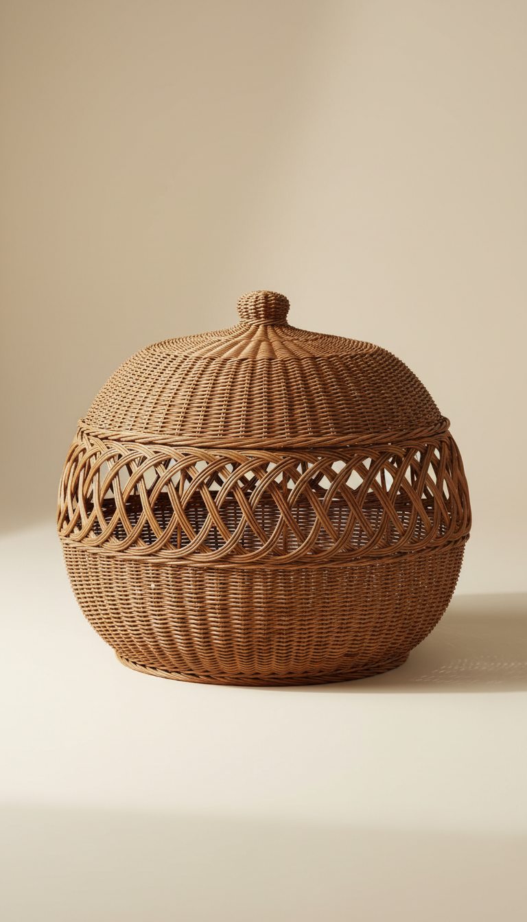 Panier en osier artisanal avec poignée, idéal pour le rangement ou la décoration intérieure.