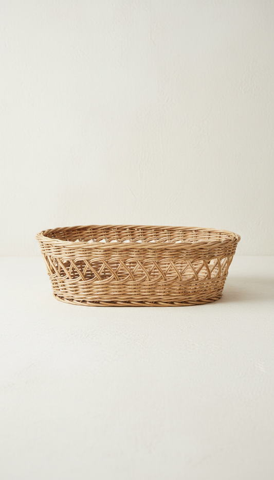 Panier en osier tressé avec poignées, idéal pour le rangement ou la décoration intérieure.