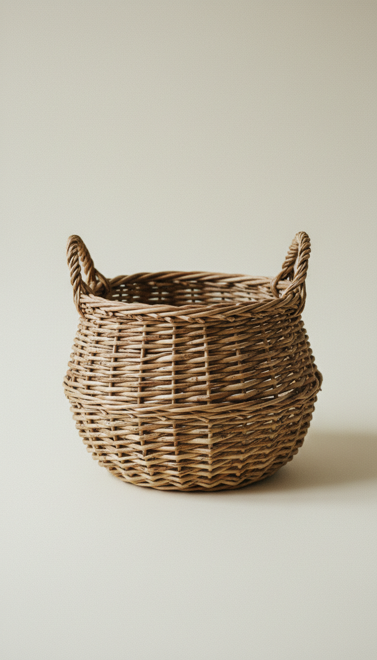 Panier en osier tissé, idéal pour le rangement ou la décoration intérieure, avec poignées en osier naturel.