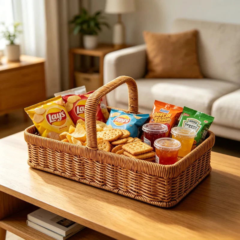 Panier en osier rectangulaire avec anse, idéal pour le rangement ou la décoration.