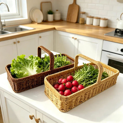 Panier en osier rectangulaire avec anse, idéal pour le rangement ou la décoration intérieure.