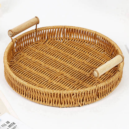 Plateau Tressé avec Poignées en Bois